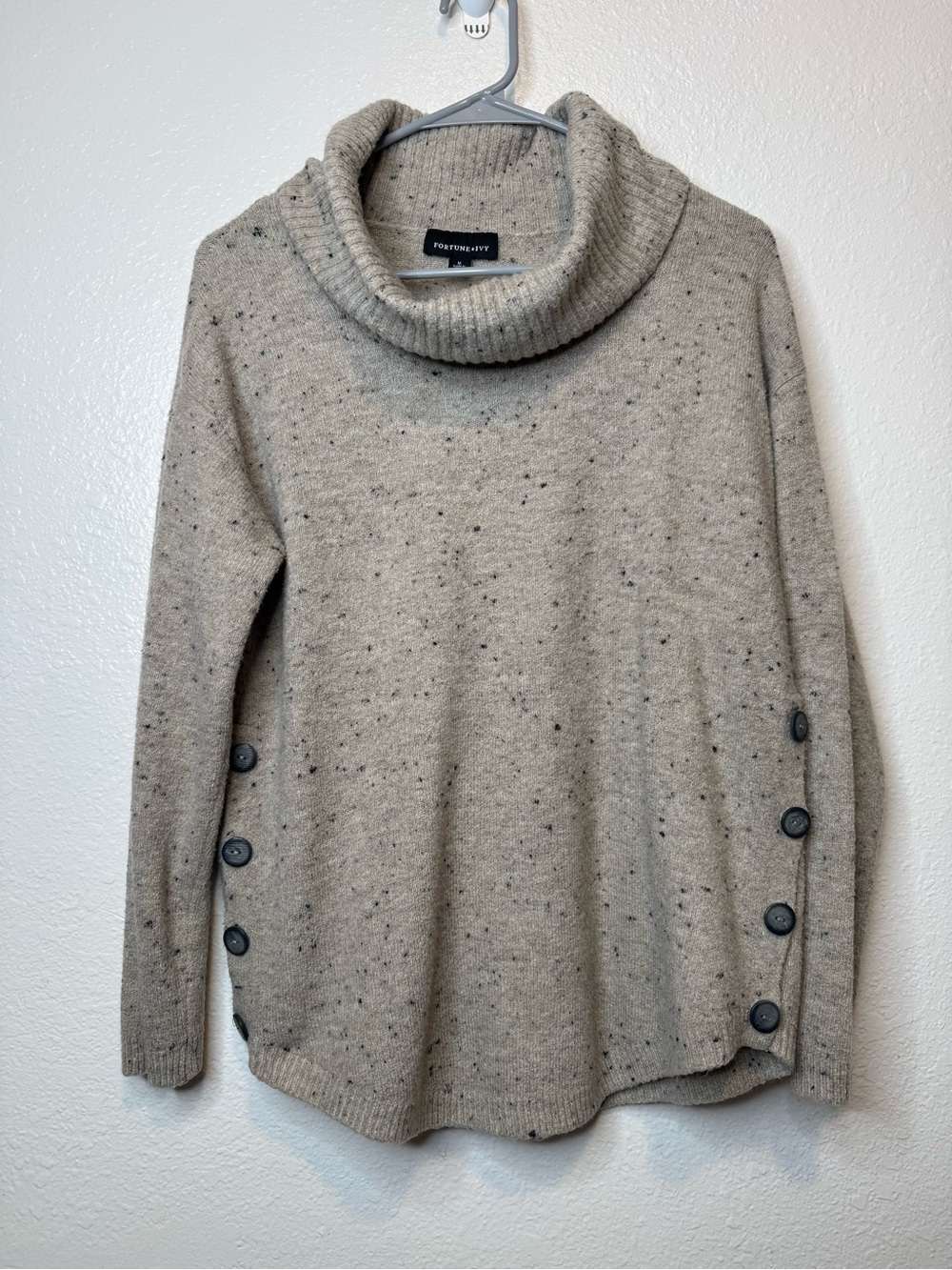 Fortune + Ivy Reagan Women's Cowl Neck Speckled Button Detail Sweater Size M
